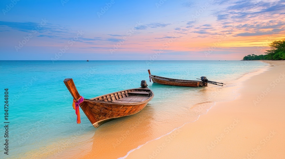 Scenic view of traditional wooden boats on a tranquil beach during sunset.