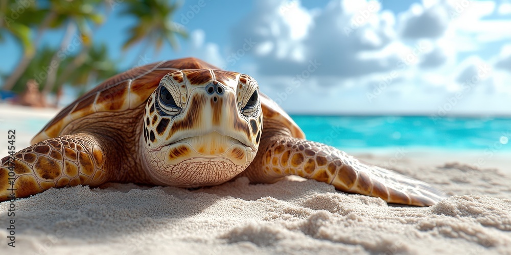 Obraz premium Sea Turtle on Tropical Beach Closeup Wildlife Photography Ocean Sand Nature