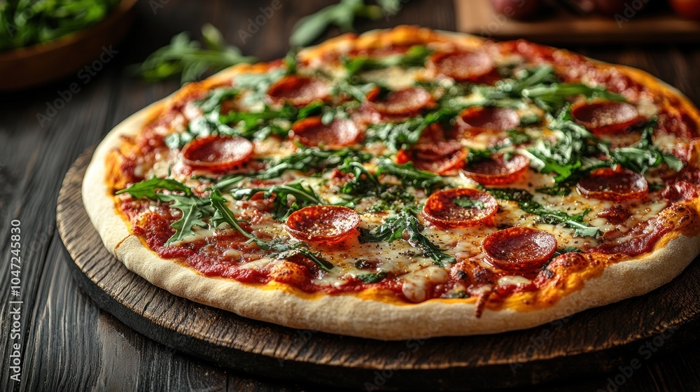 A delicious pepperoni pizza topped with fresh arugula on a wooden serving board. A delicious pepperoni pizza topped with fresh arugula on a wooden serving board.