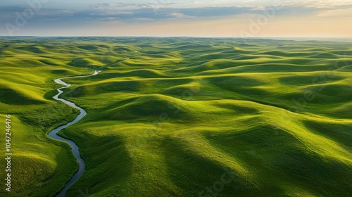 Aerial view of rolling grasslands stretching towards the horizon, dotted with small rivers.