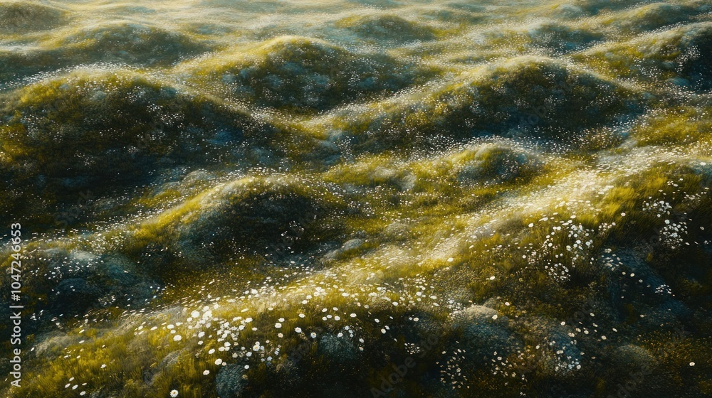 Aerial view of rolling hills covered in soft grass and wildflowers swaying in the wind. Aerial view of rolling hills covered in soft grass and wildflowers swaying in the wind.