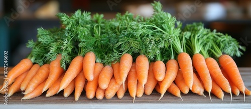 A fresh display of vibrant orange carrots with green tops arranged neatly.