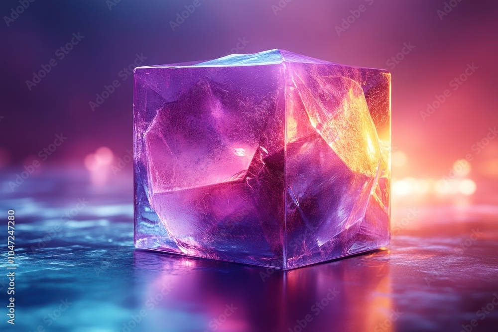 A translucent, colorful ice cube illuminated by vibrant lights in a reflective environment. A translucent, colorful ice cube illuminated by vibrant lights in a reflective environment.