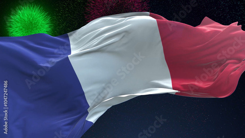 France flag - Waving flag on celebrating fireworks for national holiday day. Ceremony for patriotic celebration of nation  photo