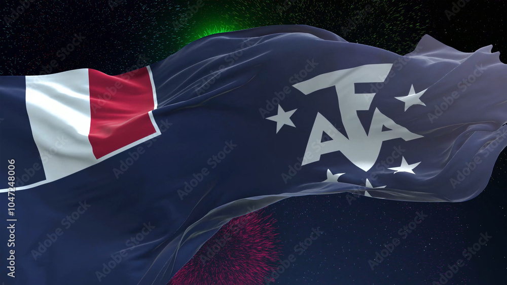 Fototapeta premium French Southern and Antarctic Lands flag - Waving flag on celebrating fireworks for national holiday day. Ceremony for patriotic celebration of nation 