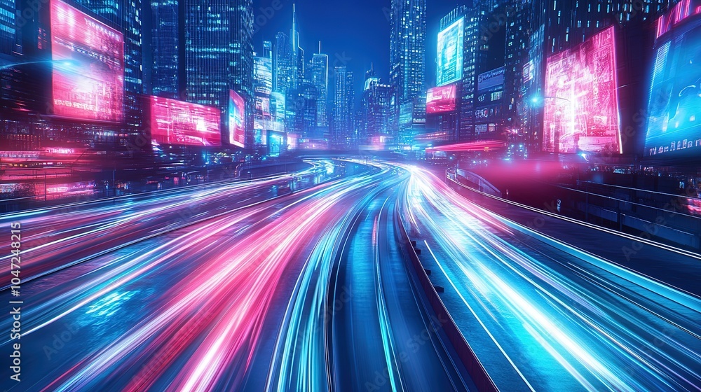 Futuristic cyberpunk cityscape with blue and pink light trails, portraying a sci-fi downtown scene at night with skyscrapers, highways, and billboards, depicted in a 3D illustration, motion cityscape Futuristic cyberpunk cityscape with blue and pink light trails, portraying a sci-fi downtown scene at night with skyscrapers, highways, and billboards, depicted in a 3D illustration, motion cityscape