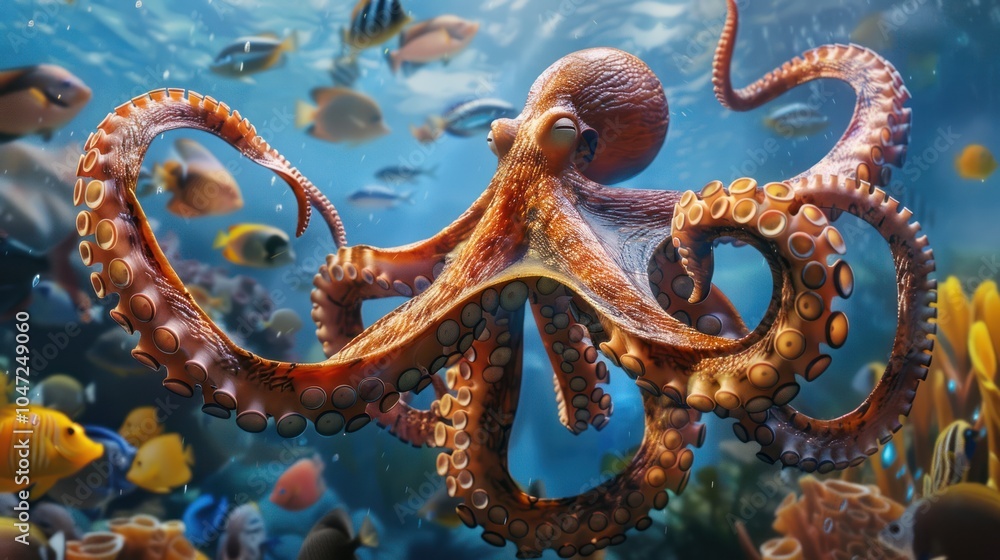 Obraz premium A Close-Up of an Octopus with Tentacles Extended in a Vibrant Blue Ocean