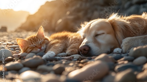 Adorable golden retriever and orange tabby kitten sleeping peacefully together on a sandy beach, creating a heartwarming scene of friendship and tranquility photo