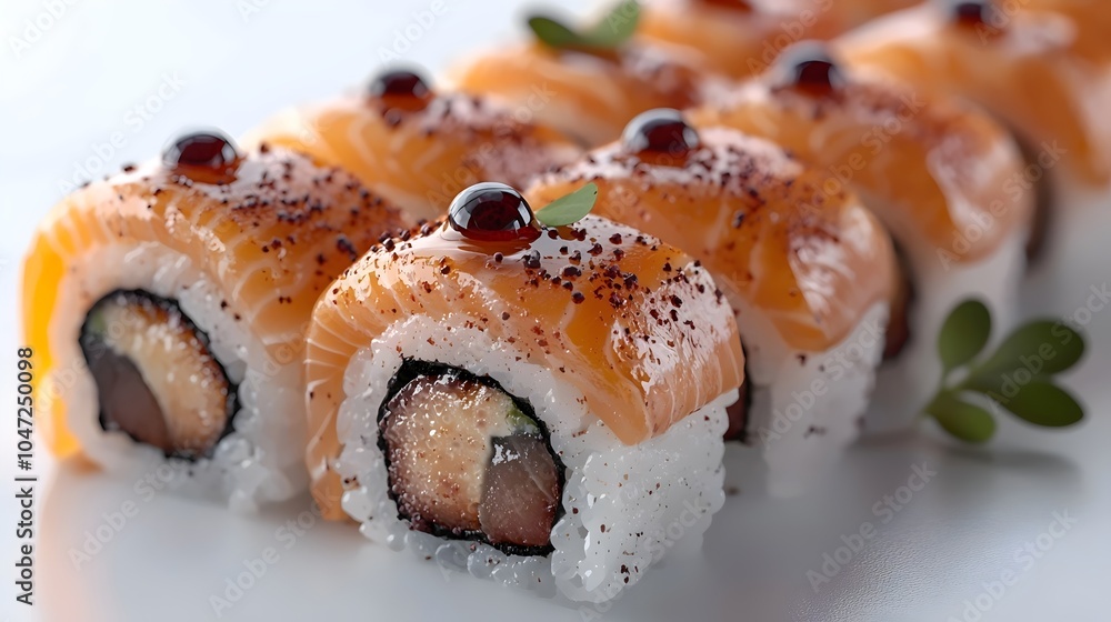 A visually stunning display of salmon sushi rolls topped with glossy pearls and sprinkled with black sesame, showcasing vibrant colors and intricate details. A visually stunning display of salmon sushi rolls topped with glossy pearls and sprinkled with black sesame, showcasing vibrant colors and intricate details.