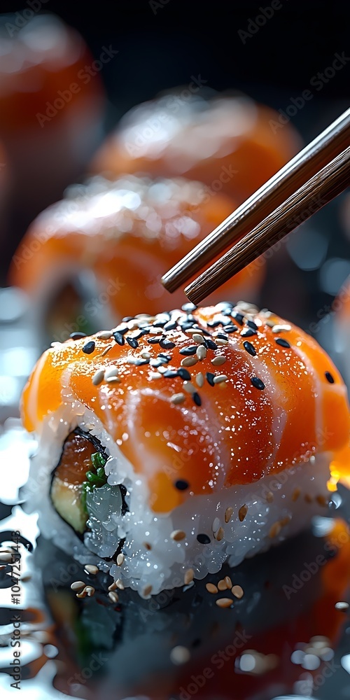 Delicious sushi with vibrant salmon and sprinkled sesame seeds, enhanced by the glistening rice, captured with precision for a mouthwatering visual delight. Delicious sushi with vibrant salmon and sprinkled sesame seeds, enhanced by the glistening rice, captured with precision for a mouthwatering visual delight.