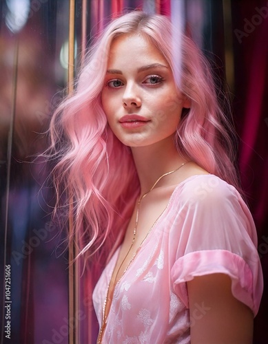 A young lady posing in front of a camera, with a blurred effect, as if taken from a shop window. Few colors, retro style.