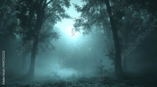 Sunlight shining through fog and trees in a dark forest