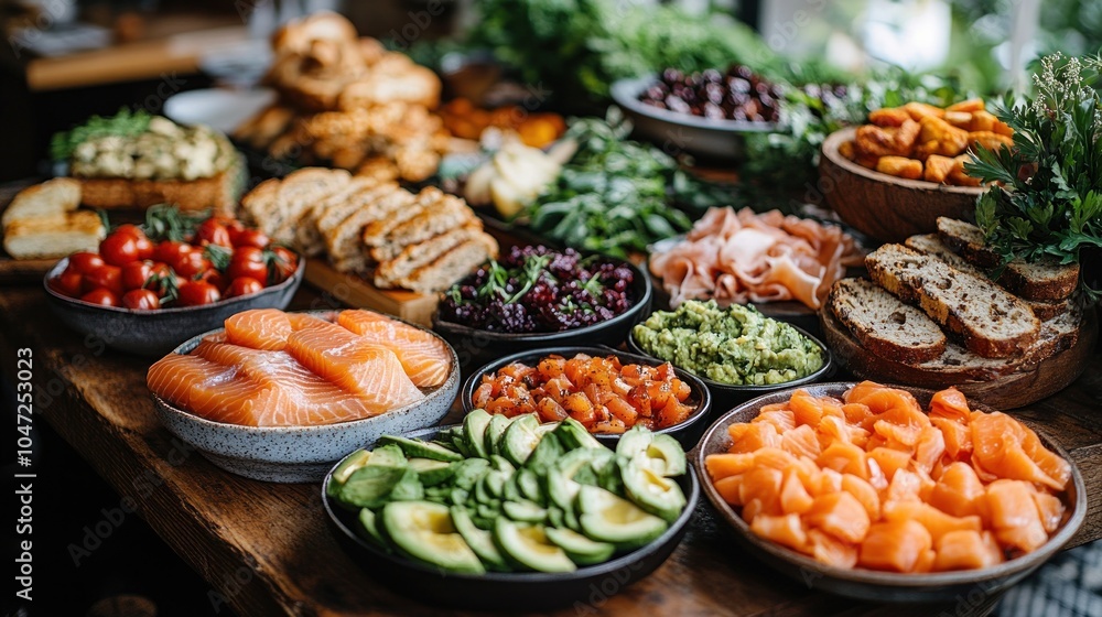 A vibrant spread of fresh foods and snacks arranged for a gathering or meal. A vibrant spread of fresh foods and snacks arranged for a gathering or meal.