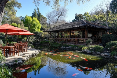 Koi fish swimming in pond of japanese garden restaurant