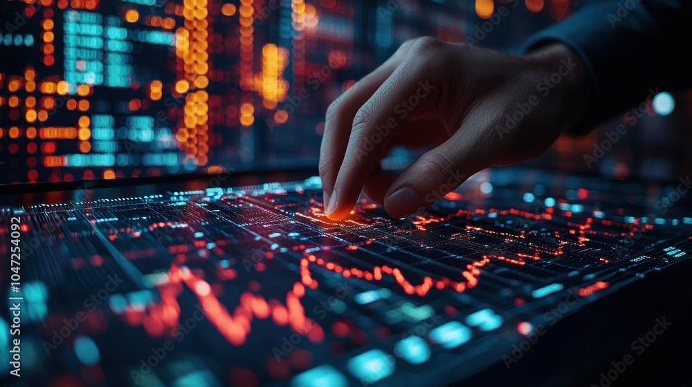 A hand interacts with a digital interface displaying financial data and trends. A hand interacts with a digital interface displaying financial data and trends.