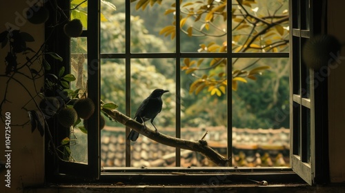 A Black Bird Perched on a Branch Through a Window photo