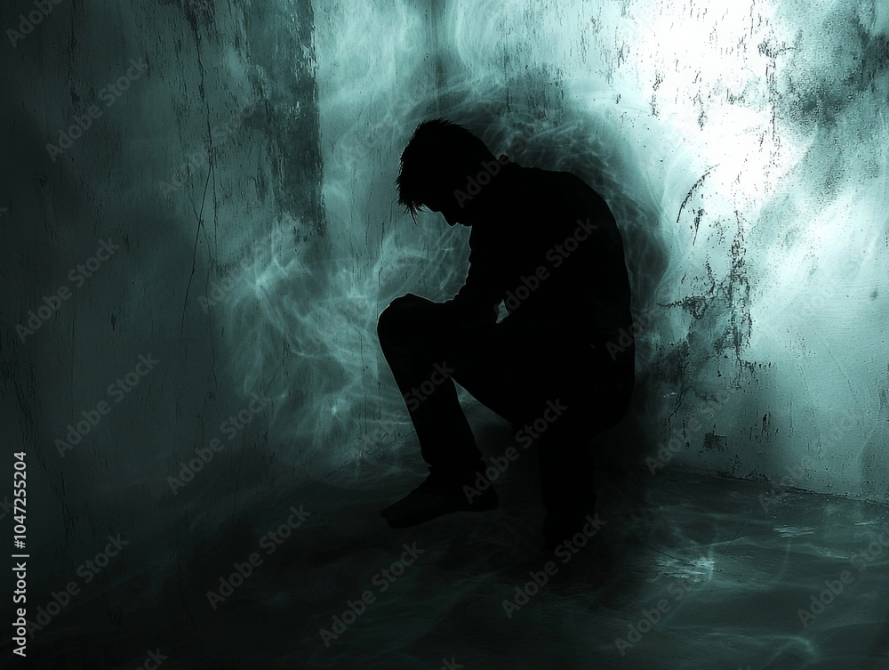 A shadowy figure in a corner with past traumatic events swirling around, A shadowy figure in a corner with past traumatic events swirling around,