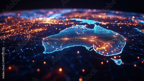 Stylish concept of global connectivity featuring a digital map of Australia