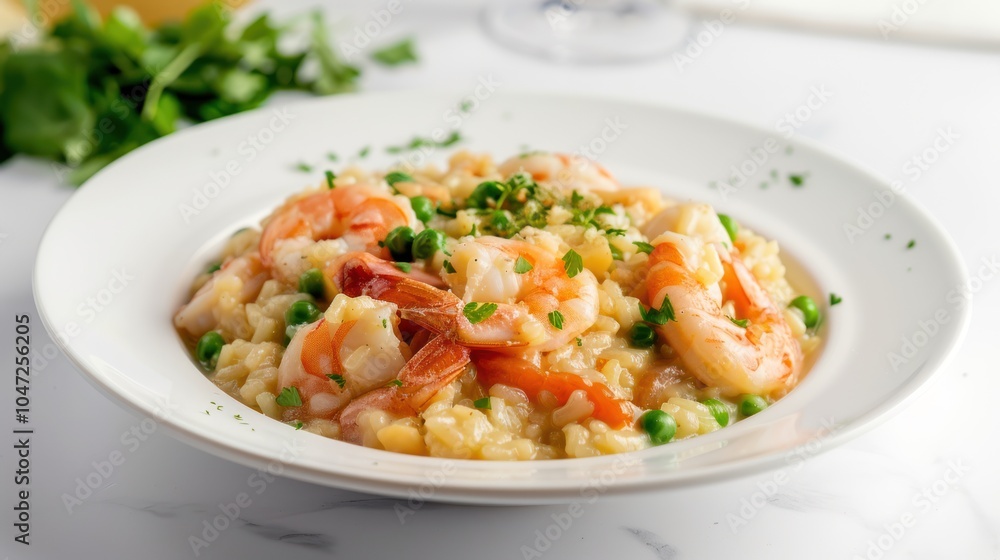 Shrimp Risotto with Peas and Parsley on a White Plate Shrimp Risotto with Peas and Parsley on a White Plate