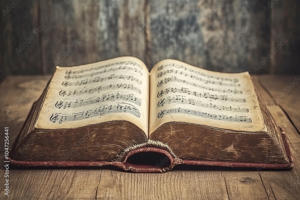 Fototapeta premium Aged book with music sheets. Vintage musical score. generative ai