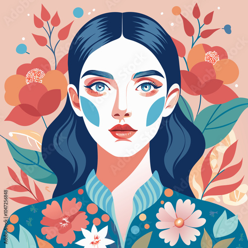 Elegant woman with floral patterns painted on her face, in a soft, pastel color palette