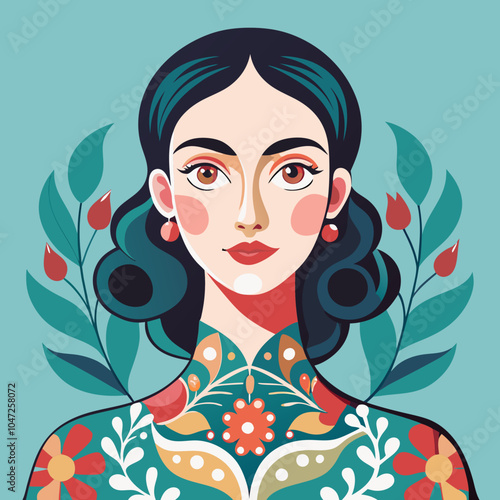 Elegant woman with floral patterns painted on her face, in a soft, pastel color palette