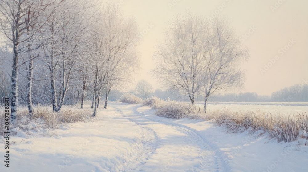 Curved snowy path lined with frosted trees, serene winter landscape under a pale sky. Curved snowy path lined with frosted trees, serene winter landscape under a pale sky.