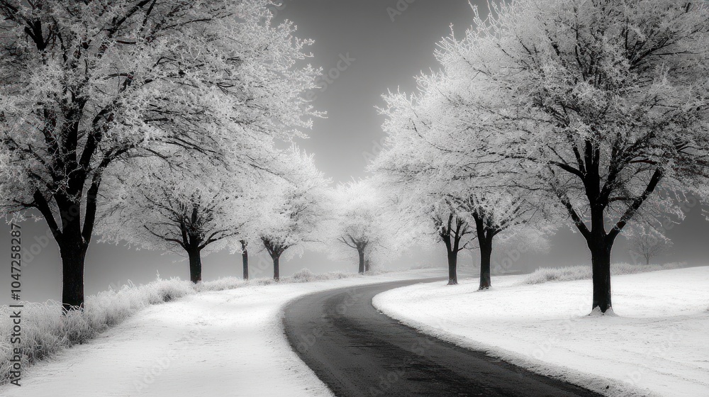 Obraz premium Curved snowy path lined with frosted trees, serene winter landscape under a pale sky.