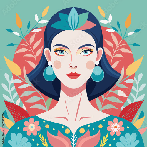 Elegant woman with floral patterns painted on her face, in a soft, pastel color palette