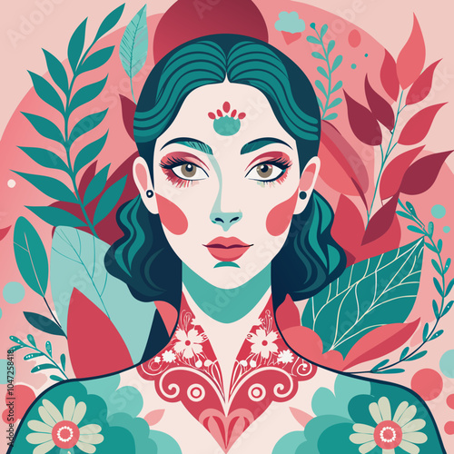 Elegant woman with floral patterns painted on her face, in a soft, pastel color palette