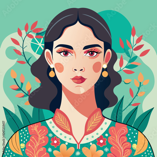 Elegant woman with floral patterns painted on her face, in a soft, pastel color palette