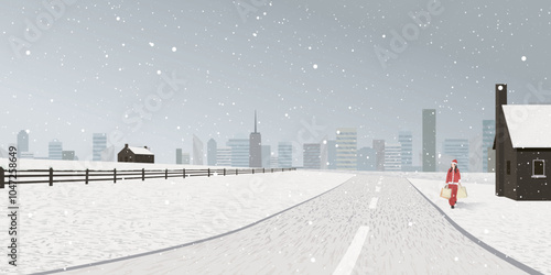 Snowscape with snowfall have a woman wearing Santa Claus suit and holding a lot of shopping bags walks along local road back from shopping center graphic illustation.
