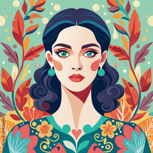 Elegant woman with floral patterns painted on her face, in a soft, pastel color palette