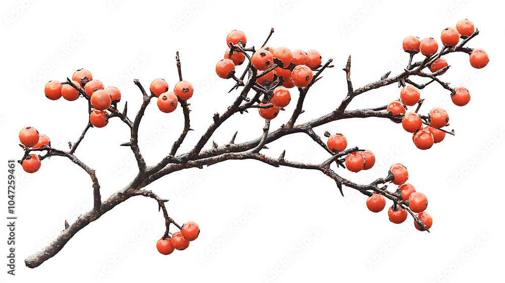 Branch with vibrant red berries against a white background Branch with vibrant red berries against a white background