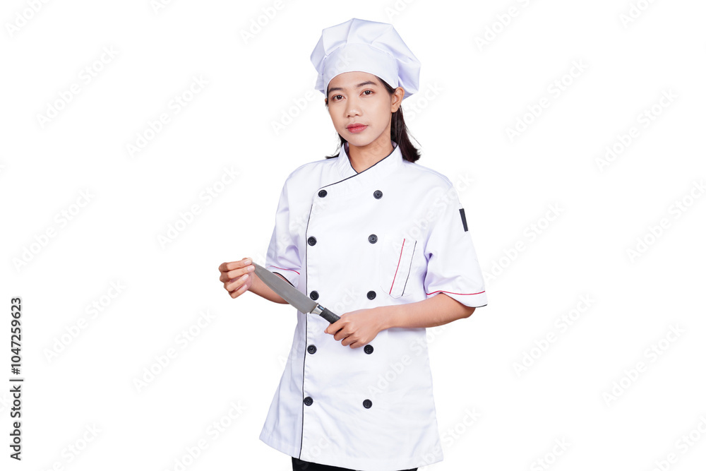 Asian woman chef in uniform holding kitchen utensils isolated transparent Asian woman chef in uniform holding kitchen utensils isolated transparent