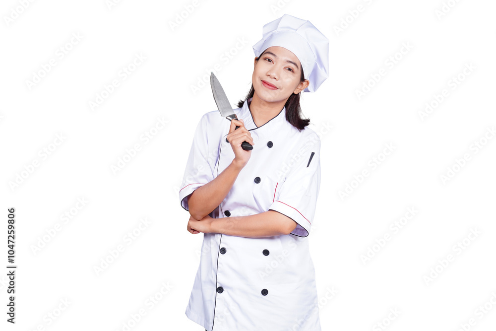 Asian woman chef in uniform holding kitchen utensils isolated transparent Asian woman chef in uniform holding kitchen utensils isolated transparent