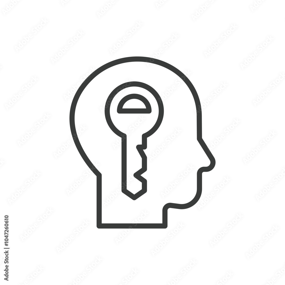 Key in head, in line design. Idea, creativity, unlock, innovation, concept, imagination, inspiration on white background vector. Key in head editable stroke icon Key in head, in line design. Idea, creativity, unlock, innovation, concept, imagination, inspiration on white background vector. Key in head editable stroke icon