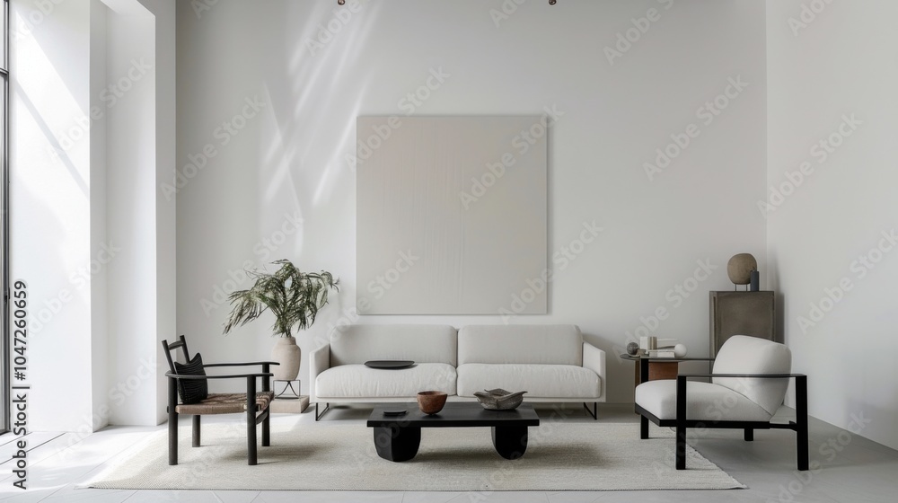 A serene and tranquil lounge area featuring a minimalist white canvas background, Accentuating the beauty of simplicity with meticulously arranged furnishings A serene and tranquil lounge area featuring a minimalist white canvas background, Accentuating the beauty of simplicity with meticulously arranged furnishings
