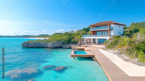 Coastal walkway at a luxury beach resort  surrounded by palm trees and clear blue water