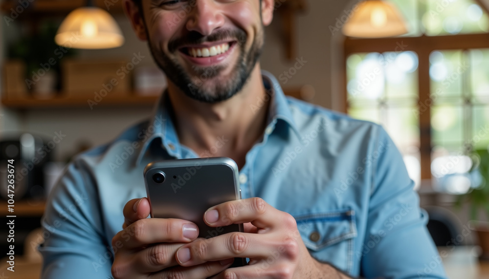 Happy man reading a message on the phone and smiling