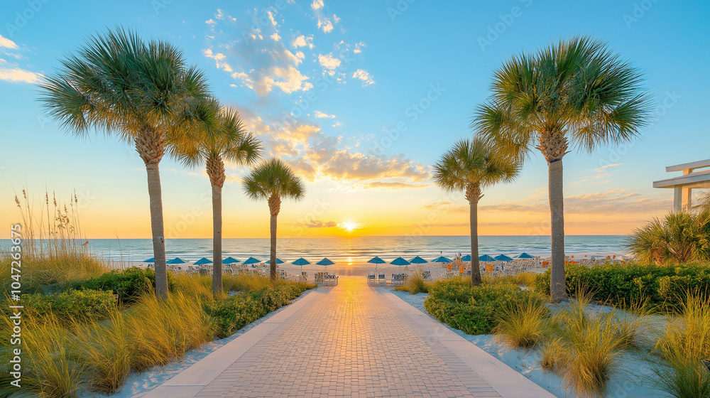 Fototapeta premium Walkway lined with palm trees and beach umbrellas, stretching towards the ocean
