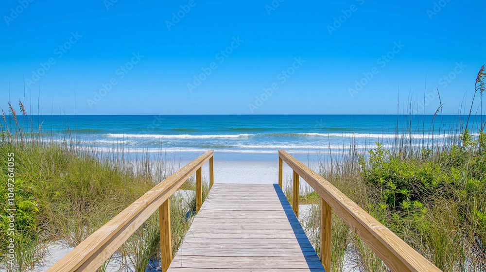 Wooden boardwalk leading to a sandy beach, gentle waves in the background under a clear sky Wooden boardwalk leading to a sandy beach, gentle waves in the background under a clear sky