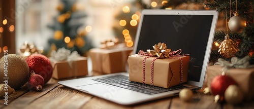 Laptop displaying Green Monday sale with sustainable products, festive online shopping