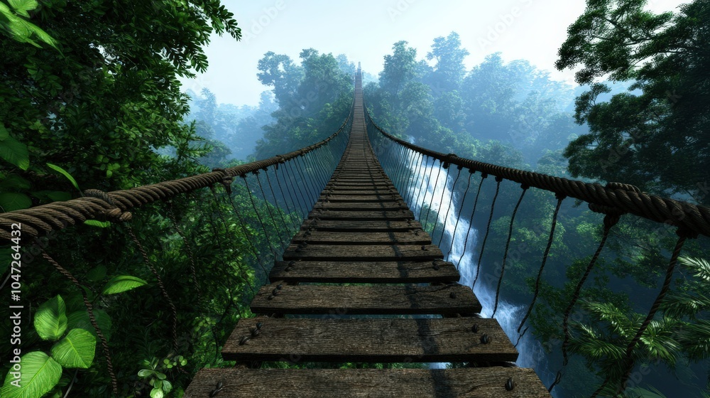 Obraz premium Jungle Rope Bridge Over Waterfall Adventure Travel Photography