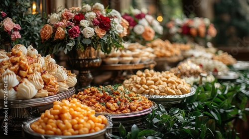 A lavish display of assorted desserts and pastries, beautifully arranged for an event.