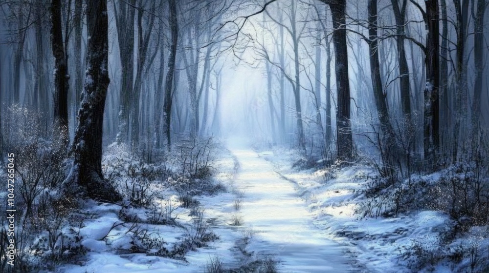 Frozen path through dense winter woods, pale sky peeking through the trees, snowy trail untouched. Frozen path through dense winter woods, pale sky peeking through the trees, snowy trail untouched.