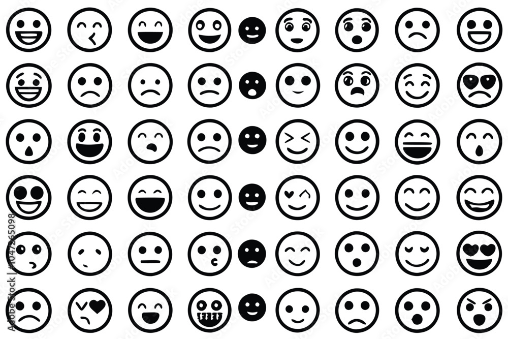60 unique emoticons in a colorful grid layout on white background for social media and app designs 60 unique emoticons in a colorful grid layout on white background for social media and app designs