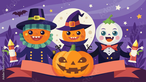 Halloween pumpkin banner with moon vector illustration.