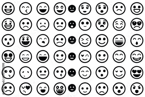 60 unique emoticons in a colorful grid layout on white background for social media and app designs