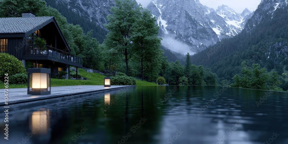 Obraz premium Mountain Lodge Infinity Pool with Deck and Lanterns